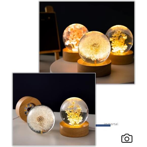 Flower Crystal Ball Night Light, 2.4 inch Glass Ball Night Lamp with Wooden Base - Picture 2 of 6